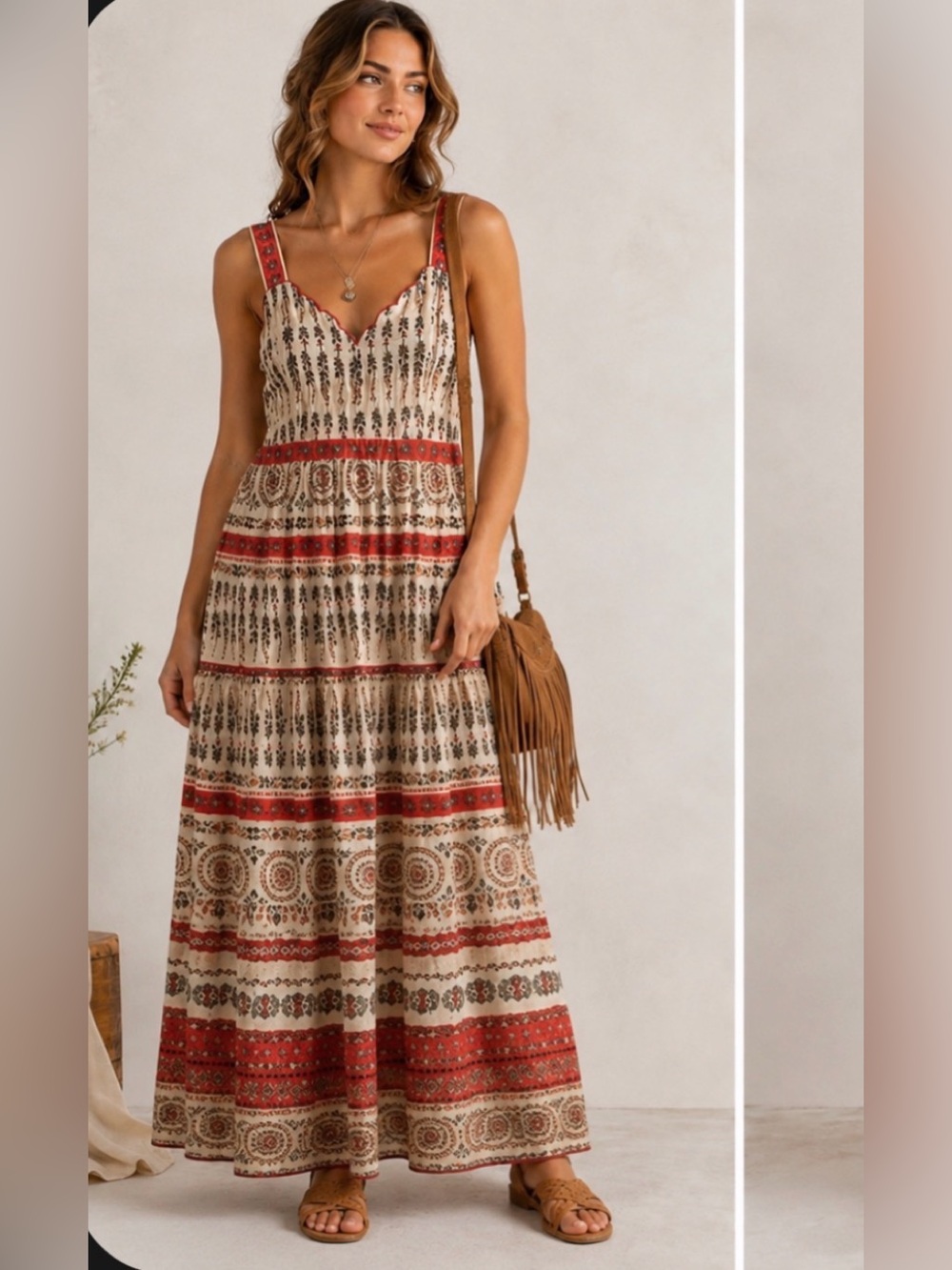 Cream Maxi Floral Bohemian Cottagecore botanical Coral Trim Dress w/Pockets 12